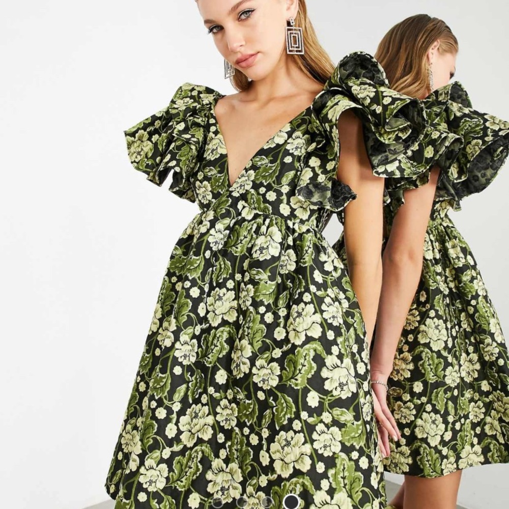 ASOS EDITION Green Jacquard Floral Ruffle Mini Dress